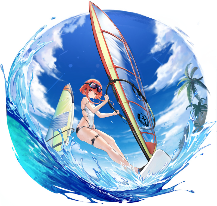 absurdres arm_strap artist_request azur_lane bare_shoulders birmingham_(azur_lane) birmingham_(to_where_the_wind_blows)_(azur_lane) blue_sky breasts casual_one-piece_swimsuit closed_mouth cloud cloudy_sky day earphones female game_cg goggles goggles_on_head highleg highleg_swimsuit highres holding logo looking_at_viewer medium_breasts non-web_source o-ring ocean official_alternate_costume official_art one-piece_swimsuit orange_hair outdoors palm_leaf palm_tree red_eyes shiny_skin short_hair sky surfboard swimsuit thigh_strap thighs transparent_background tree water water_drop wet windsurfing