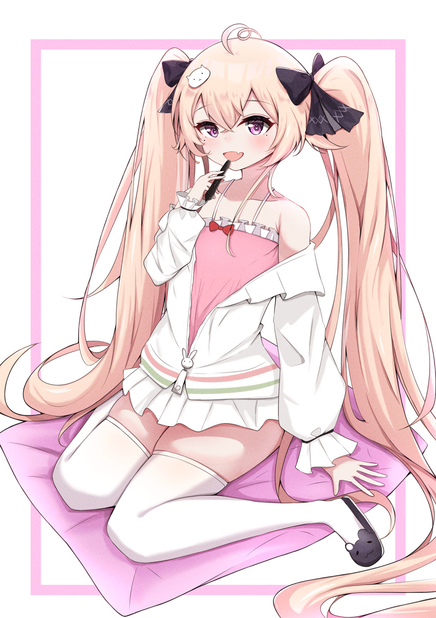 ahoge animal_slippers attilio_regolo_(azur_lane) attilio_regolo_(castle_of_inspiration)_(azur_lane) azur_lane bare_shoulders black_ribbon blush bunny_slippers crossed_bangs female frilled_sleeves frills hair_between_eyes hair_ornament hair_ribbon heart heart-shaped_pupils highres holding holding_stylus jacket light_brown_hair long_hair looking_at_viewer miku_(23393508) miniskirt mole mole_under_eye oerba_yun_fang off_shoulder official_alternate_costume open_clothes open_jacket open_mouth purple_eyes rabbit_hair_ornament ribbon simple_background sitting skin_fang skindentation skirt slippers smile solo stylus symbol-shaped_pupils thighhighs twintails very_long_hair wariza white_jacket white_thighhighs zettai_ryouiki