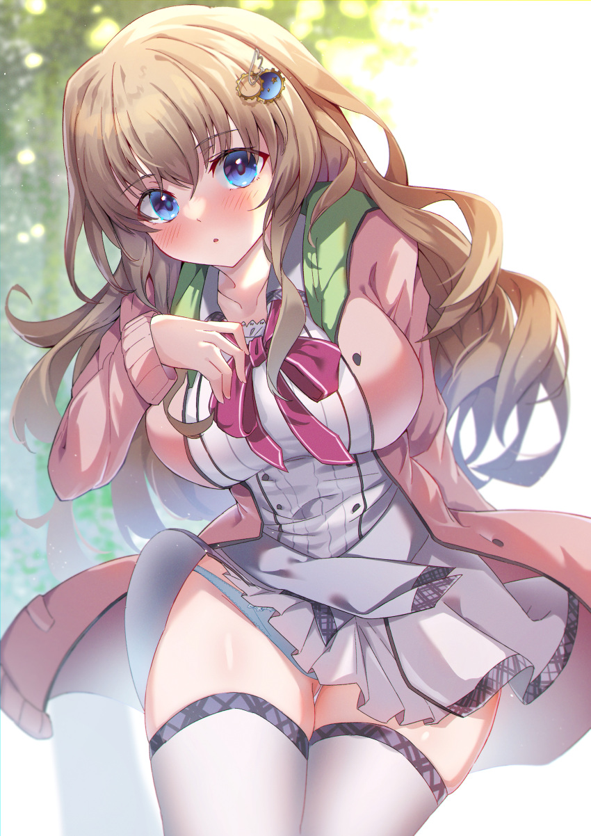 9-nine- :o absurdres arm_behind_back belt bloom blue_eyes blue_panties blush bow breasts brown_hair collar collarbone commentary dappled_sunlight eyelashes female gabanborjarnon green_collar grey_belt hair_between_eyes hand_on_own_chest head_tilt highres jacket kujou_miyako large_breasts leaning_forward long_hair long_sleeves looking_at_viewer miniskirt open_clothes open_jacket outdoors panties panty_peek pink_jacket pleated_skirt red_bow sidelocks skirt solo standing sunlight thigh_gap thighhighs tree underwear very_long_hair wavy_hair white_jacket white_skirt white_thighhighs wind wind_lift