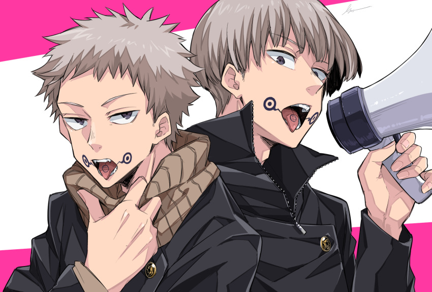 1boy age_progression black_eyes black_jacket brown_scarf facial_tattoo gakuran grey_hair gusha_(orenji_hnkn) hand_up high_collar highres holding holding_megaphone inumaki_toge jacket jujutsu_kaisen long_sleeves looking_at_viewer male_focus megaphone open_mouth pink_background scarf school_uniform short_hair simple_background tattoo tongue tongue_out tongue_tattoo two-tone_background upper_body white_background zipper