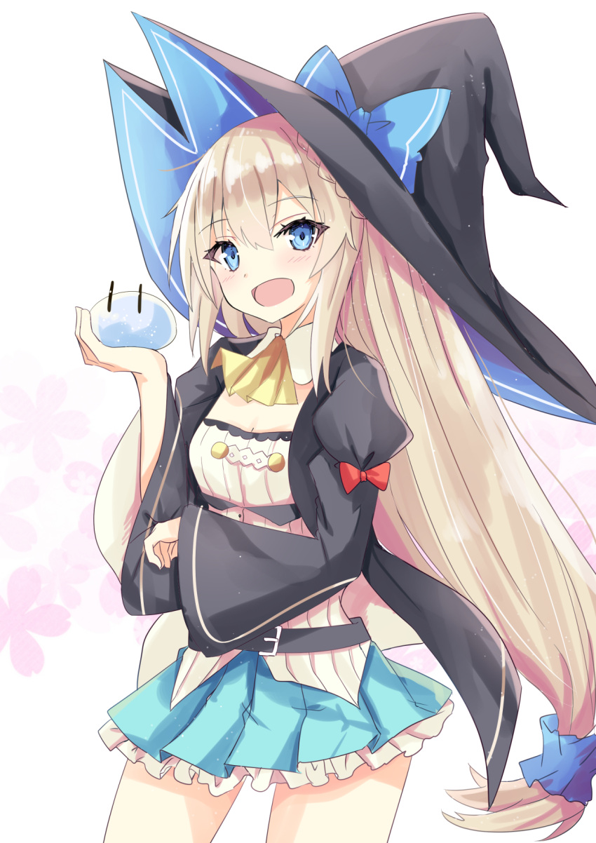 :d aizawa_azusa ascot black_hat black_jacket blonde_hair blue_bow blue_eyes blue_scrunchie blue_skirt blush bow braid commentary_request female floral_background frilled_skirt frills hair_between_eyes hair_ornament hair_scrunchie hand_up hat hat_bow highres hizaka jacket juliet_sleeves long_hair long_sleeves looking_at_viewer open_clothes open_jacket open_mouth pleated_skirt puffy_sleeves red_bow scrunchie shirt skirt sleeves_past_wrists slime_(creature) slime_taoshite_300_nen_shiranai_uchi_ni_level_max_ni_nattemashita smile solo very_long_hair white_background white_shirt wide_sleeves witch_hat yellow_ascot