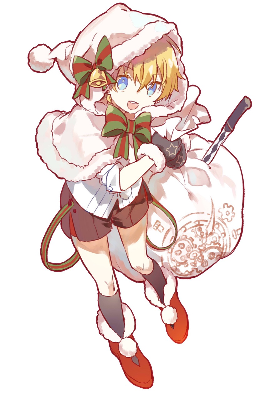 1boy bell black_gloves black_socks blonde_hair blue_eyes bow capelet christmas fate/strange_fake fate_(series) flat_escardos fur-trimmed_capelet fur_trim gloves hat hat_ribbon highres jack_the_ripper_(berserker)_(fate) knife looking_at_viewer male_focus protected_link redoxhn ribbon sack santa_costume santa_hat shorts socks solo vest waistcoat