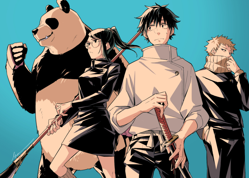 2boys animal belt black_eyes black_hair black_jacket black_pants black_skirt blonde_hair blue_background brown_scarf clenched_hand closed_mouth covered_mouth cowboy_shot female gakuran glasses gusha_(orenji_hnkn) hair_between_eyes hand_in_pocket hand_up high_ponytail highres holding holding_polearm holding_sword holding_weapon inumaki_toge jacket jujutsu_kaisen long_sleeves looking_away multiple_boys naginata okkotsu_yuuta panda panda_(jujutsu_kaisen) pants polearm round_eyewear scabbard scarf school_uniform sheath sheathed short_hair simple_background skirt standing sweatdrop swept_bangs sword weapon white_belt white_jacket zen'in_maki