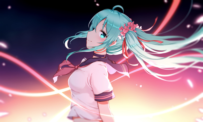 ahoge aqua_eyes aqua_hair backlighting bad_id bad_pixiv_id blue_sailor_collar blurry blurry_background closed_mouth commentary english_commentary female floating_hair flocflower flower from_side hair_between_eyes hair_flower hair_ornament hair_ribbon hatsune_miku light_blush long_hair looking_at_viewer midriff mixed-language_commentary neckerchief pink_flower pink_neckerchief profile red_ribbon ribbon sailor_collar school_uniform serafuku shirt short_sleeves smile solo upper_body very_long_hair vocaloid white_shirt