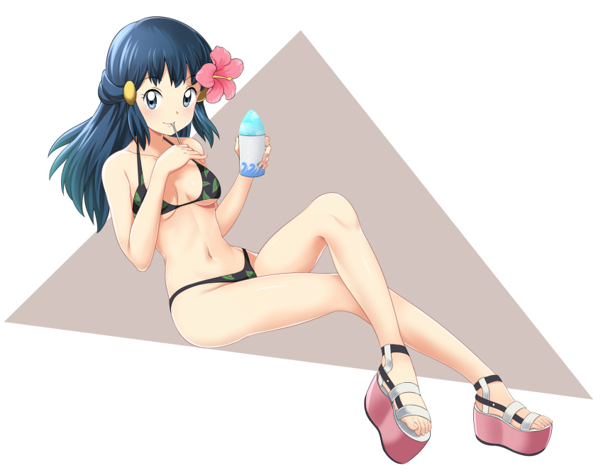 alternate_costume bikini black_bikini blush breasts closed_mouth commentary commission crossed_legs cup dawn_(pokemon) eating english_commentary eyelashes female flower food full_body grey_eyes hair_flower hair_ornament hairclip halterneck highres holding holding_cup holding_spoon knees leaf_print legs long_hair looking_at_viewer mouth_hold navel pink_flower pixiv_commission platform_footwear pokemon pokemon_(anime) pokemon_dppt_(anime) sandals shaved_ice smile solo spoon suitenan swimsuit toes