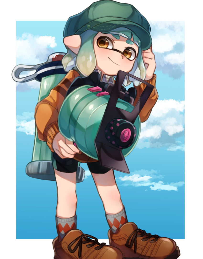 .52_gal_(splatoon) akr_tmr brown_eyes brown_footwear closed_mouth commentary_request female green_hair green_hat hat highres inkling inkling_girl inkling_player_character looking_at_viewer pointy_ears short_hair shorts smile socks solo splatoon_(series) tentacle_hair thick_eyebrows