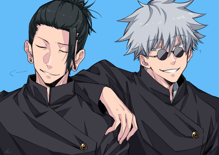 2boys arm_on_another's_shoulder black_hair black_jacket blue_background blue_eyes closed_eyes ear_piercing gakuran getou_suguru gojou_satoru grey_hair grin gusha_(orenji_hnkn) hair_between_eyes hair_bun hair_pulled_back jacket jujutsu_kaisen long_sleeves looking_at_another male_focus multiple_boys parted_lips piercing round_eyewear school_uniform short_hair sideways_glance simple_background single_hair_bun smile sunglasses upper_body