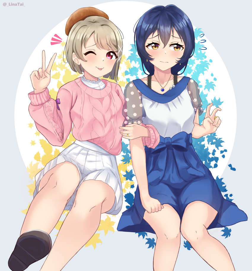 2girls ;p absurdres asymmetrical_hair bare_legs blue_bow blue_hair blue_skirt blush bob_cut bow grey_hair hair_between_eyes hair_ornament hairclip highres in-franchise_crossover leaf linatai long_hair long_sleeves love_live! love_live!_nijigasaki_high_school_idol_club love_live!_school_idol_festival_all_stars love_live!_school_idol_project multiple_girls nakasu_kasumi one_eye_closed pink_sweater pleated_skirt red_eyes see-through see-through_sleeves shoes short_hair short_sleeves skirt sonoda_umi sweater tongue tongue_out v white_skirt yellow_eyes