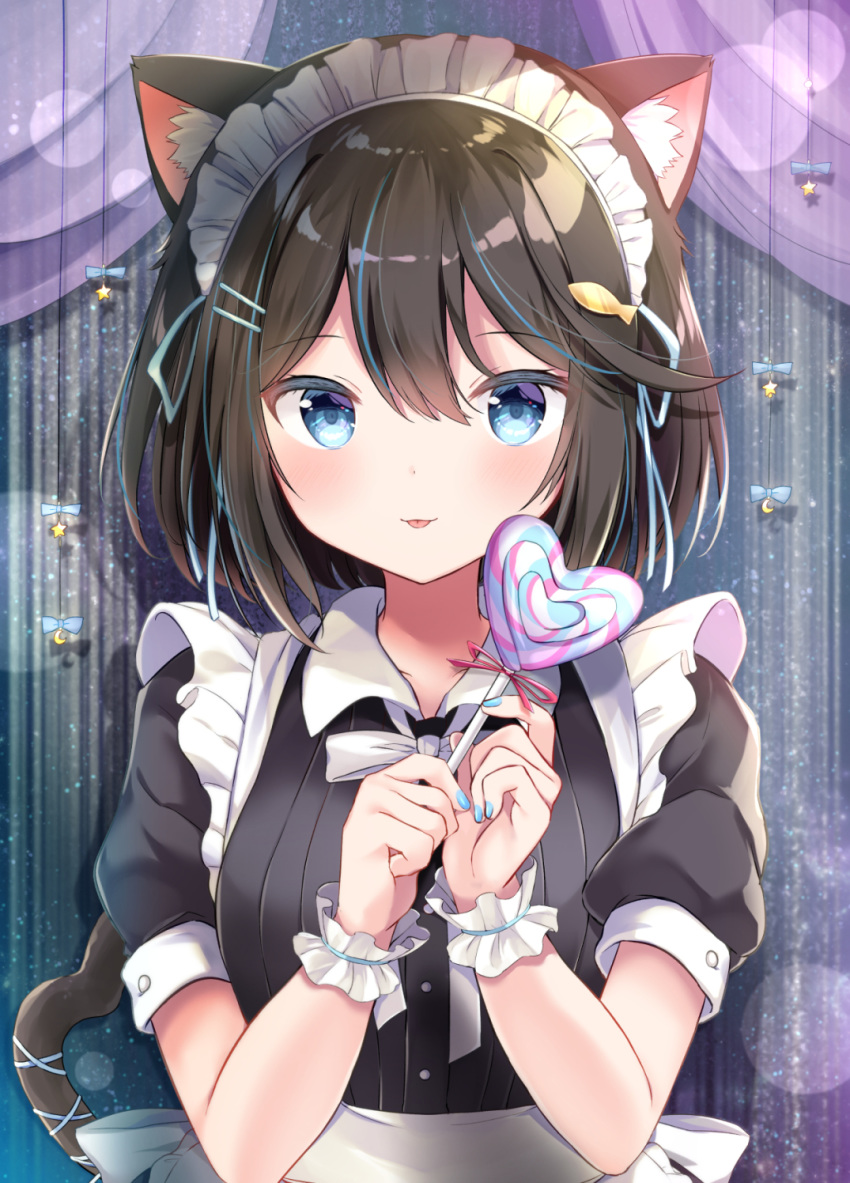 :p animal_ear_fluff animal_ears apron bangs black_dress black_hair blue_eyes breasts candy cat_ears cat_girl cat_tail closed_mouth commentary_request curtains dress eyebrows_visible_through_hair female food hair_between_eyes hands_up heart_lollipop highres holding holding_candy holding_food holding_lollipop lollipop looking_at_viewer maid maid_headdress masayo_(gin_no_ame) original puffy_short_sleeves puffy_sleeves short_sleeves small_breasts smile solo swirl_lollipop tail tail_raised tongue tongue_out upper_body white_apron wrist_cuffs