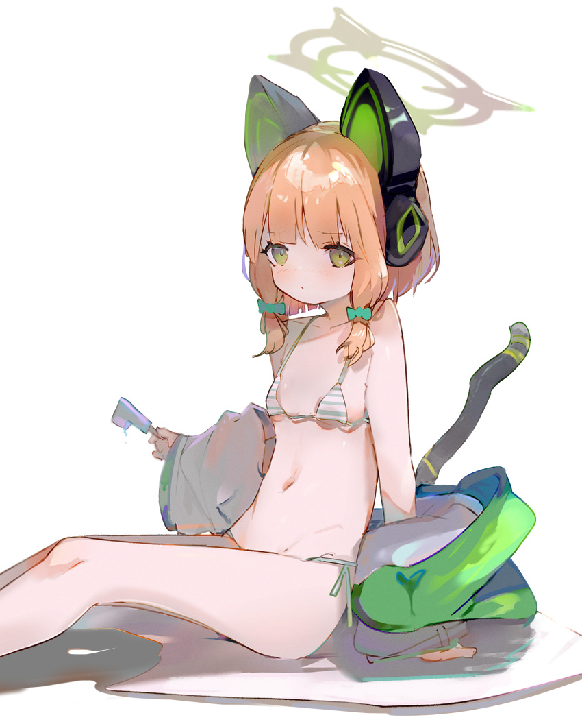 absurdres animal_ear_headphones animal_ears bikini blonde_hair blue_archive blue_bow blush bow breasts cat_ear_headphones closed_mouth commentary_request double_popsicle fake_animal_ears feet_out_of_frame female food green_eyes hairbow halo headphones highres holding holding_food jacket long_sleeves looking_at_viewer midori_(blue_archive) off_shoulder popsicle shadow sidelocks simple_background sitting small_breasts solo striped_bikini striped_clothes swimsuit tail tota_(sizukurubiks) unequal_popsicle_division white_background white_jacket wide_sleeves