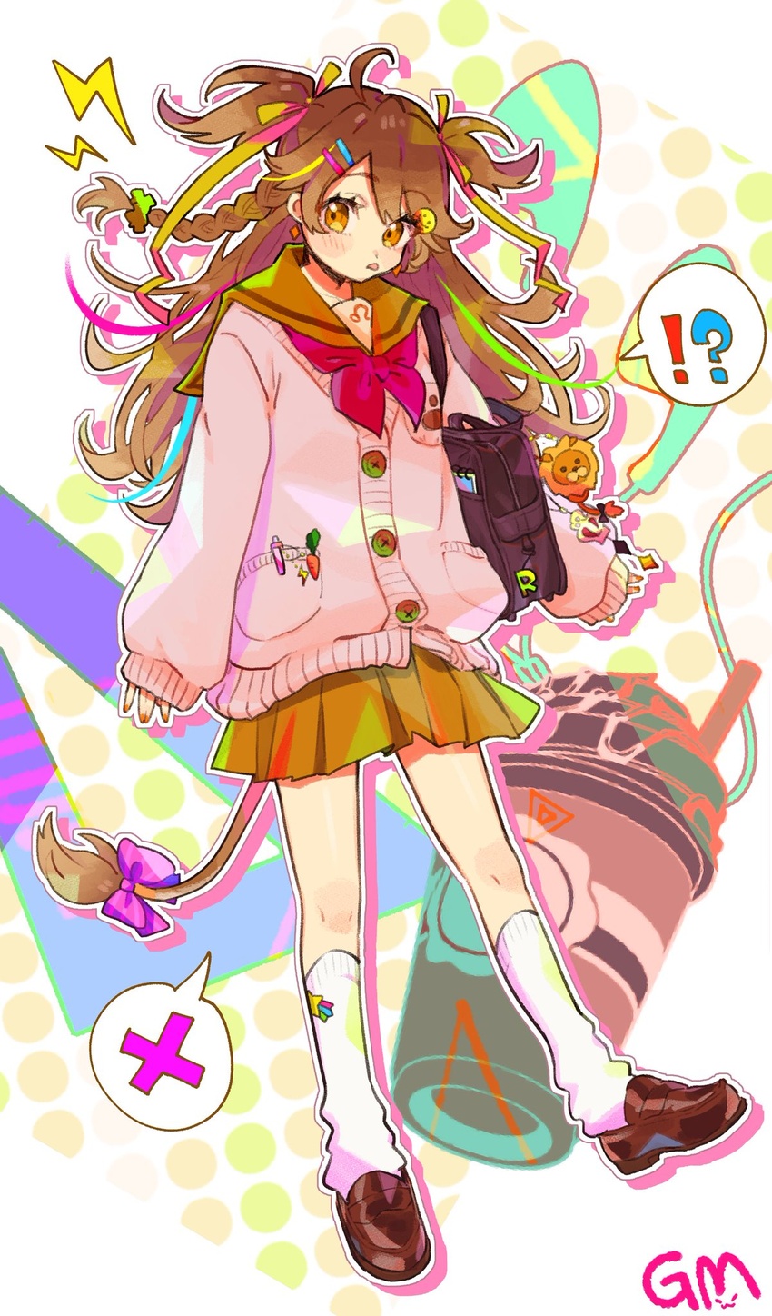 animal_ears brown_hair female full_body highres idenshi_hina lion lion_ears lion_girl lion_tail long_sleeves multicolored_background re:act school_uniform shishigami_leona skirt solo tail virtual_youtuber yellow_eyes