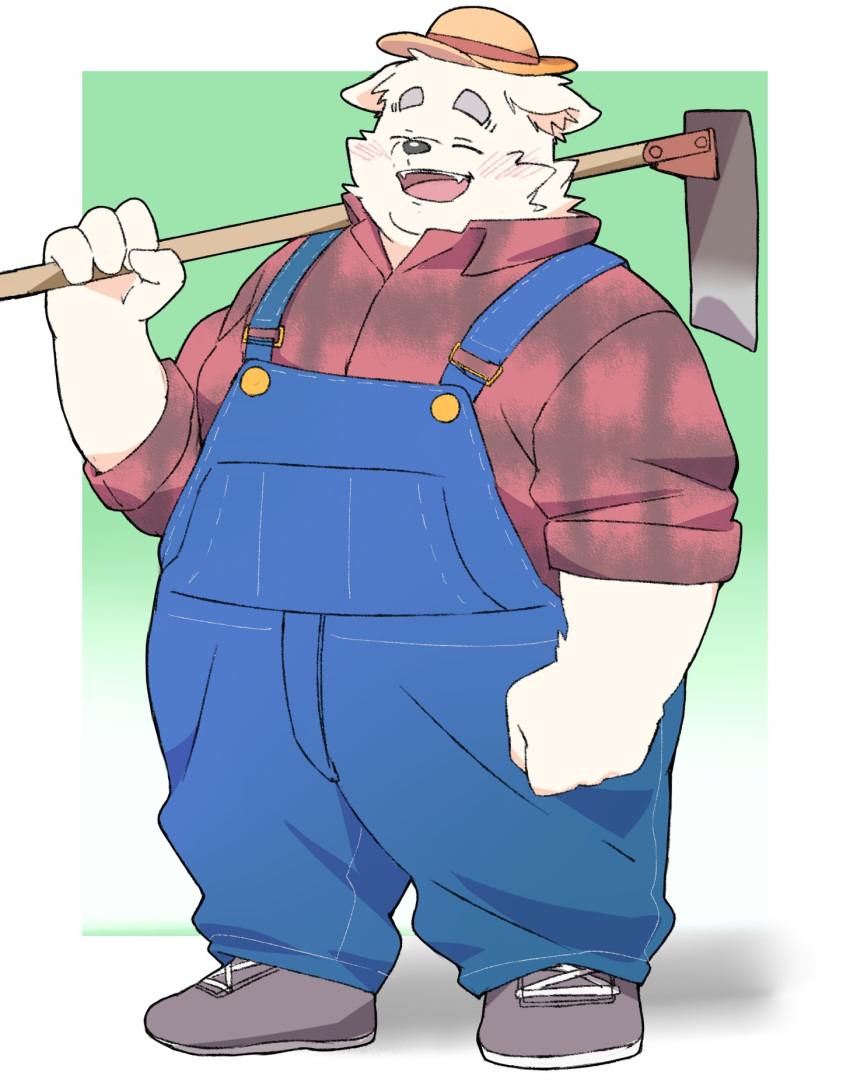 2024 anthro canid canine canis closed_eyes clothing domestic_dog farmer hat headgear headwear hi_res inunoshippo kemono male mammal overalls overweight overweight_male shirt simple_background solo topwear