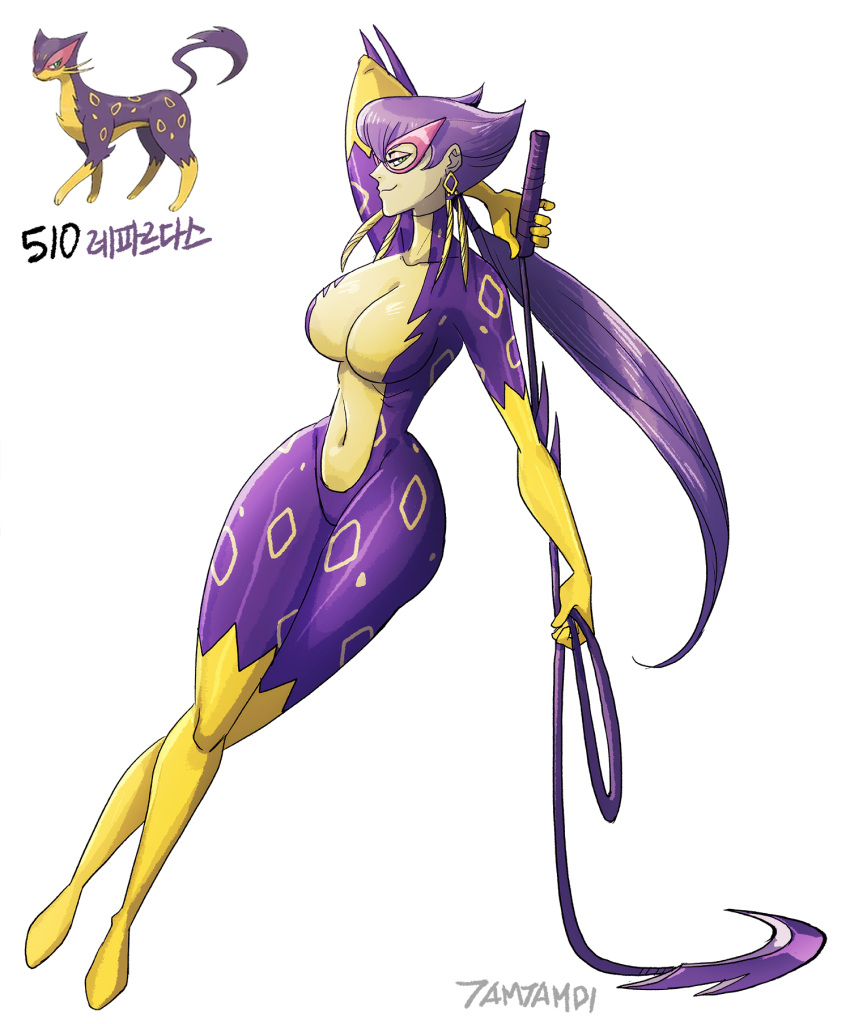 bodysuit breasts center_opening collarbone earrings eye_mask eyeshadow female green_eyes highres holding holding_whip jewelry large_breasts liepard long_hair looking_at_viewer makeup narrow_waist navel personification pink_eyeshadow pink_mask pokemon pokemon_(creature) ponytail purple_bodysuit purple_hair reference_inset smile tamtamdi translated