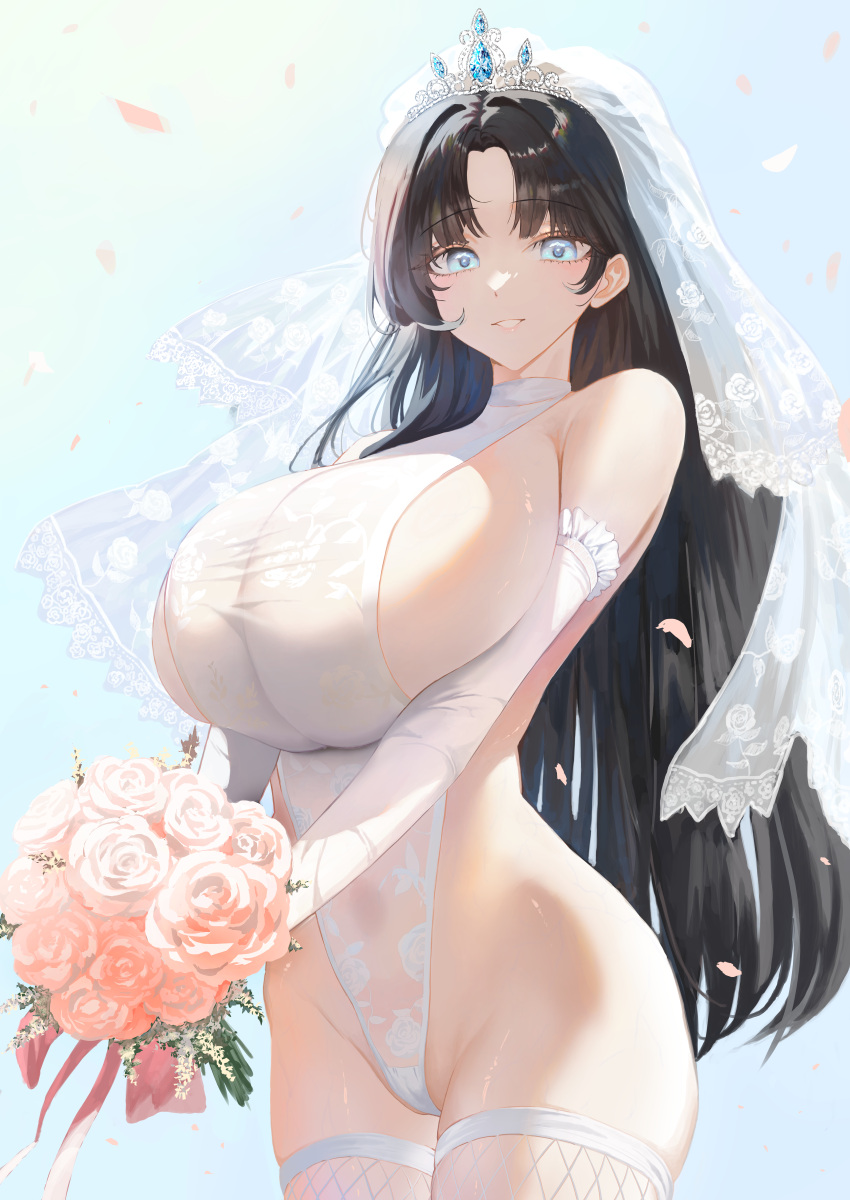 absurdres black_hair blue_eyes blue_sky bouquet breasts bridal_veil commentary commission cowboy_shot egoswans elbow_gloves falling_petals female fishnet_thighhighs fishnets flower gloves halter_leotard halterneck highleg highleg_leotard highres holding holding_bouquet huge_breasts korean_commentary leotard light_blush long_hair looking_at_viewer original parted_lips petals pink_flower pink_rose pixiv_commission rose rose_petals sideless_leotard sideless_outfit sky smile solo standing teeth thighhighs tiara veil very_long_hair white_gloves white_leotard