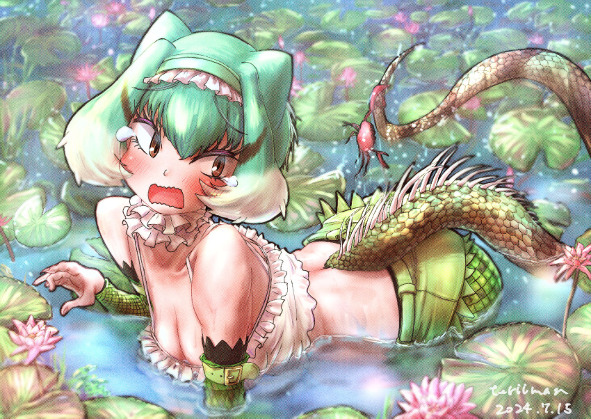 all_fours animal animal_print bare_shoulders black_hair blush breasts brown_eyes chinese_water_dragon_(kemono_friends) choker cleavage colored_eyelashes crab crop_top crustacean dated detached_sleeves female flower frilled_choker frilled_hairband frills furrowed_brow green_hair green_shorts green_sleeves hairband hand_up highres kemono_friends kemono_friends_3 lily_pad lizard_tail long_tail medium_breasts midriff motion_blur multicolored_hair open_mouth partially_submerged print_shorts print_sleeves scale_print scales shorts shorts_under_shorts spaghetti_strap tail tearing_up teriiman water water_lily_flower wavy_mouth wet white_choker