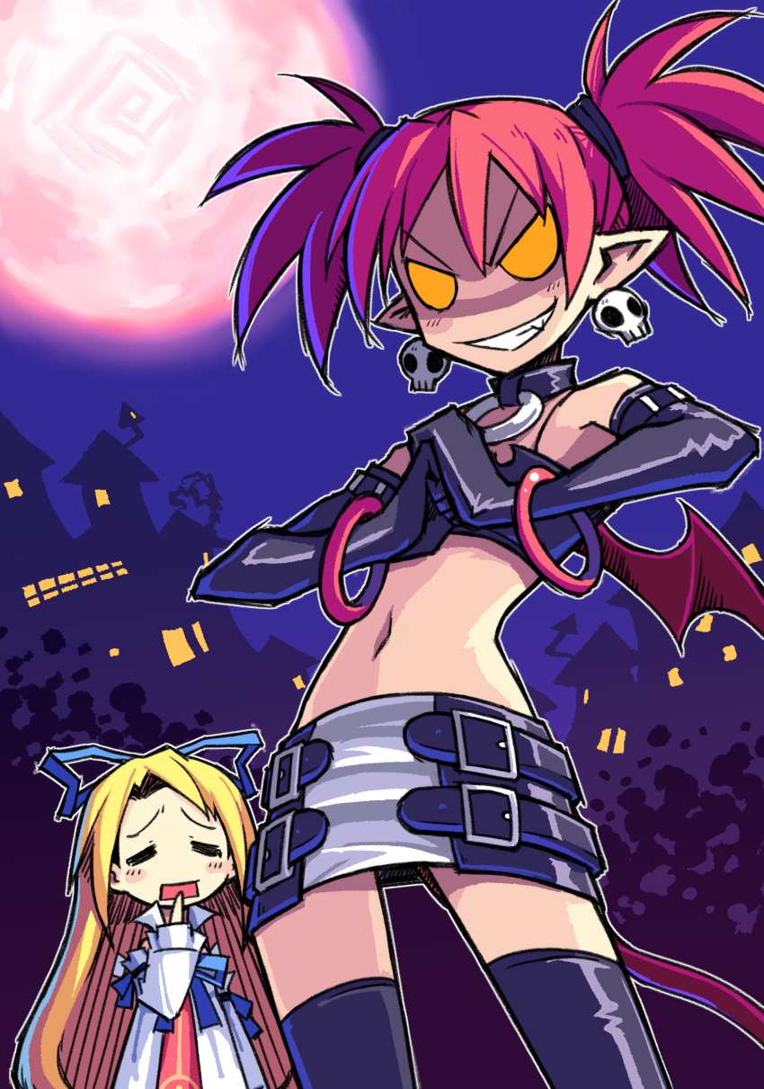 2girls angel blonde_hair closed_eyes cracking_knuckles crop_top demon_girl disgaea dress earrings elbow_gloves etna_(disgaea) flat_chest flonne full_moon gloves grin highres jewelry long_hair looking_at_viewer miniskirt moon multiple_girls navel netherworld_(disgaea) oerba_yun_fang outdoors pointy_ears red_hair short_hair short_twintails skirt skull_earrings smile spdcooler teeth twintails zettai_ryouiki