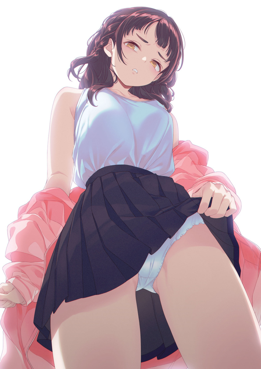 40hara bare_shoulders black_skirt braid brown_hair commentary_request crotch_seam disgust female from_below highres iya_na_kao_sare_nagara_opantsu_misete_moraitai iya_na_kao_sare_nagara_opantsu_misete_moraitai_yo_wa_pantsu_ga_mitai_zo jacket looking_at_viewer miniskirt off_shoulder open_clothes open_jacket original panties pink_jacket pleated_skirt shirt simple_background skirt skirt_hold sleeveless sleeveless_shirt solo twin_braids underwear white_background white_panties white_shirt yellow_eyes