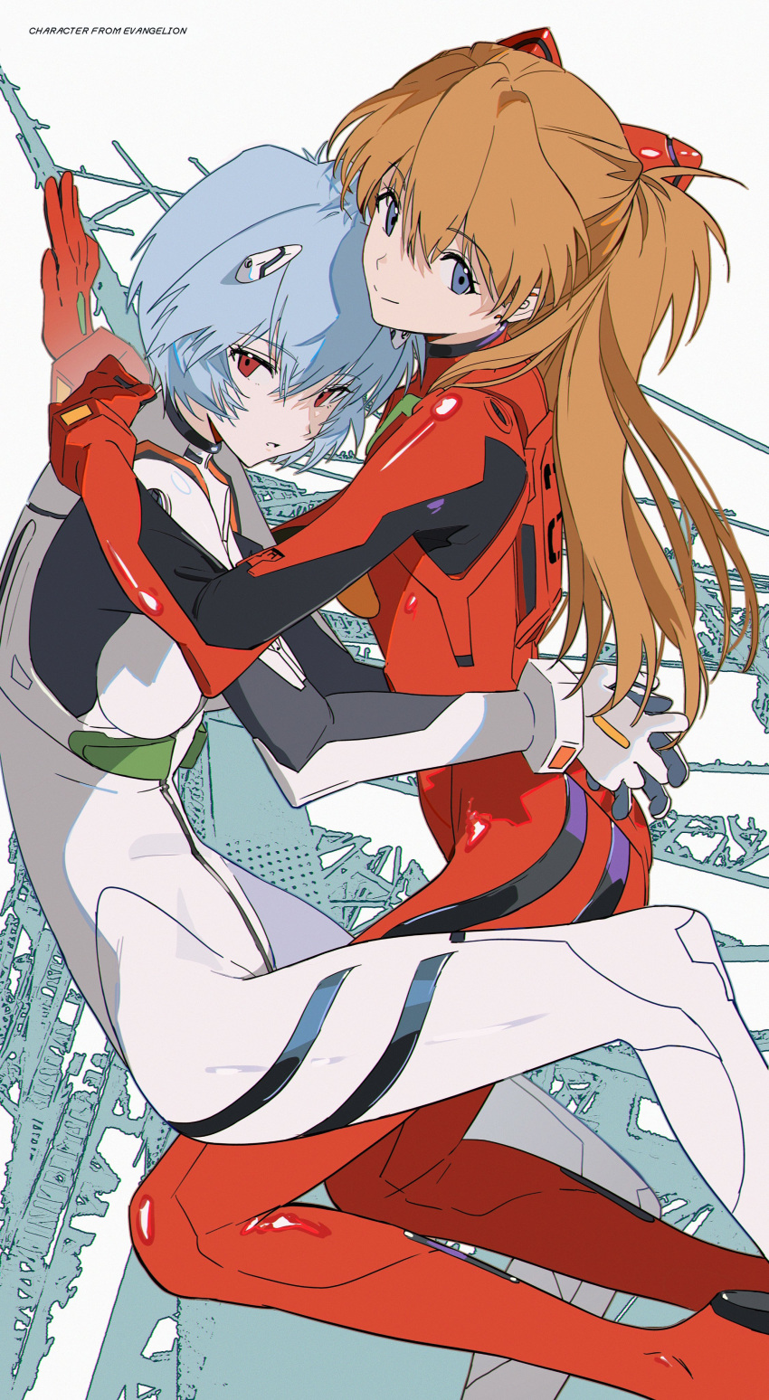 2girls absurdres ayanami_rei blue_eyes blue_hair bodysuit breasts brown_hair closed_mouth copyright_name english_text feet_out_of_frame from_side hair_between_eyes hair_ornament hairpods highres interface_headset long_hair looking_at_viewer medium_breasts multiple_girls neon_genesis_evangelion parted_lips pilot_suit plugsuit red_bodysuit red_eyes short_hair skin_tight small_breasts smile souryuu_asuka_langley split_mouth teeth two_side_up white_bodysuit z3zz4