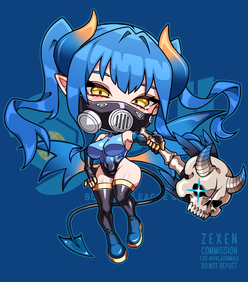 armpits artist_name between_breasts black_footwear black_gloves blu_pyro_(tf2) blue_hair blue_leotard boots breasts chibi commission demon_girl demon_horns demon_tail demon_wings elbow_gloves female full_body gas_mask genderswap_(otf) gloves glowing glowing_eye halloween halloween_costume hand_on_own_hip highleg highleg_leotard highres holding holding_wand horns large_breasts latex latex_boots latex_leotard leotard long_hair long_sleeves looking_at_viewer mask pointy_ears pyro_(tf2) rule_63 solo tail team_fortress_2 thigh_boots twintails wand watermark wings yellow_eyes zexen zipper