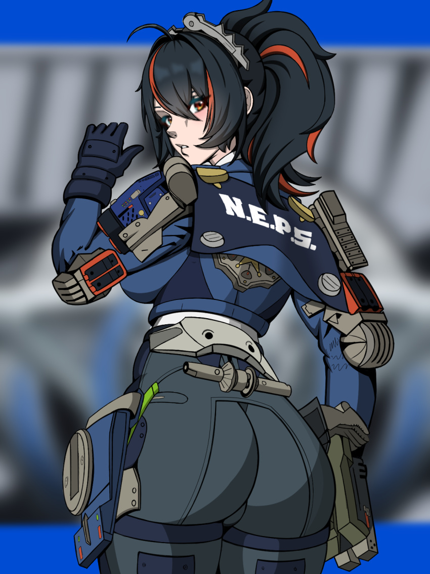 ahoge ass ass_focus black_gloves black_hair blue_jacket blurry blurry_background breasts clothes_writing commentary cowboy_shot female from_behind gloves hair_between_eyes hand_up handlebar high-waist_pants highres holster holstered jacket long_hair long_sleeves looking_at_viewer looking_back metal_hairband mommymilkers3k multicolored_hair orange_eyes pants parted_lips police police_uniform policewoman ponytail red_hair shirt shoulder_holster sidelocks solo standing streaked_hair thigh_holster tight_clothes tight_pants uniform zenless_zone_zero zhu_yuan