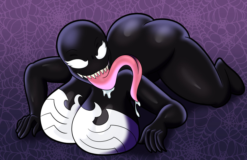 absurd_res alien alien_humanoid ass big_breasts big_butt bodily_fluids breasts bubble_butt female hi_res huge_breasts humanoid long_tongue looking_at_viewer lying marvel not_furry on_front saliva she-venom solo someth1ngoranother symbiote thick_thighs tongue tongue_out venom_(marvel)