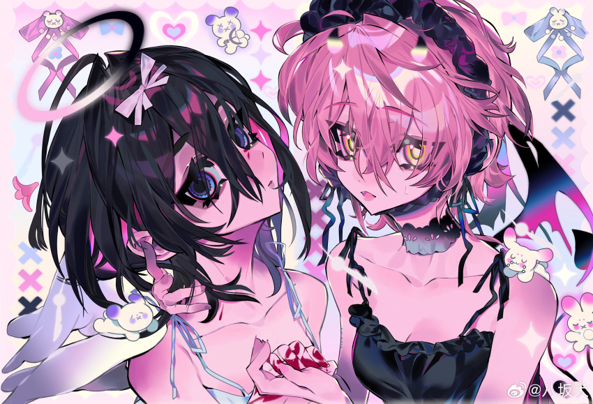 2girls absurdres angel_and_devil angel_wings bare_arms bare_shoulders black_choker black_dress black_hairband black_halo black_ribbon black_tail black_wings blood blood_on_hands bow breasts character_request chinese_commentary choker cleavage collarbone commentary_request copyright_request demon_tail demon_wings dress empty_eyes eyes_visible_through_hair frilled_dress frilled_hairband frills gradient_halo hair_between_eyes hair_ribbon hairband hairbow halo hand_on_another's_neck hand_on_hand head_tilt heart highres multicolored_halo multiple_girls oerba_yun_fang open_mouth parted_lips pink_background pink_hair pink_halo purple_eyes rabbit_on_shoulder ribbon short_hair sleeveless sleeveless_dress spaghetti_strap sparkle sundress sweat tail taowu_(20809) upper_body weibo_watermark white_bow white_dress white_halo white_ribbon white_wings wings