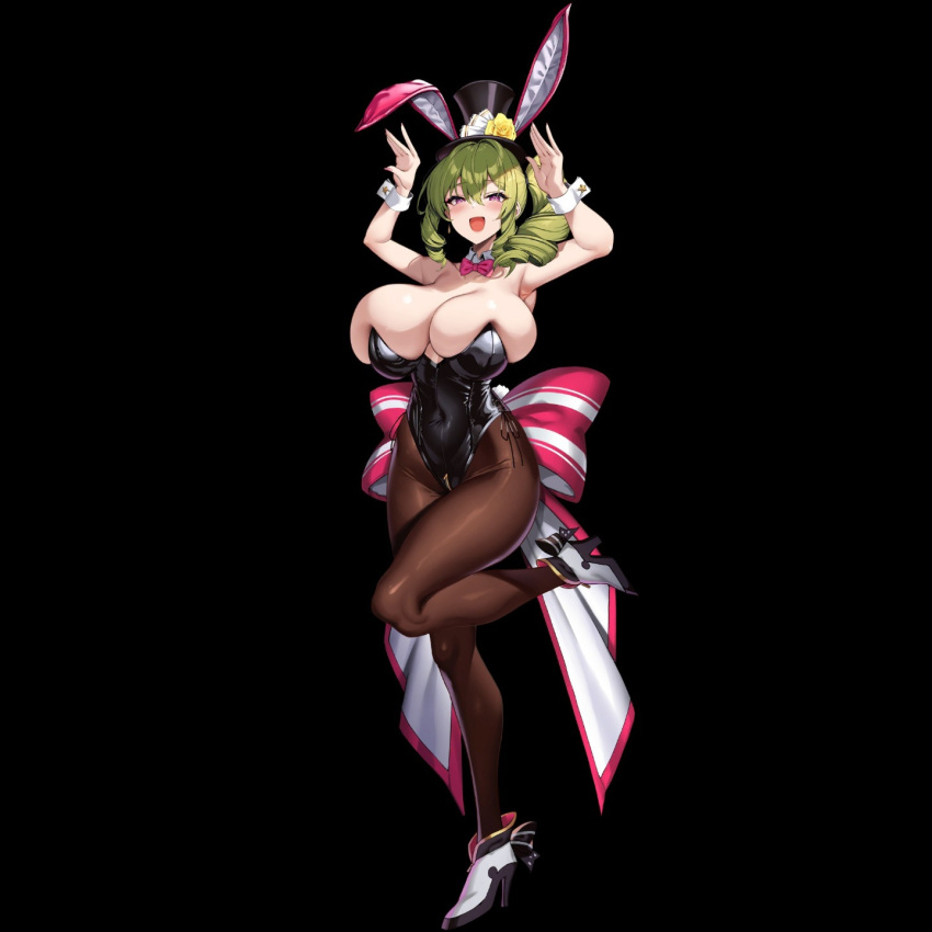 animal_ears bow bowtie breasts erato_(last_origin) green_hair hat highres huge_breasts last_origin non-web_source official_art pantyhose playboy_bunny purple_eyes rabbit_ears ribbon tight_clothes top_hat