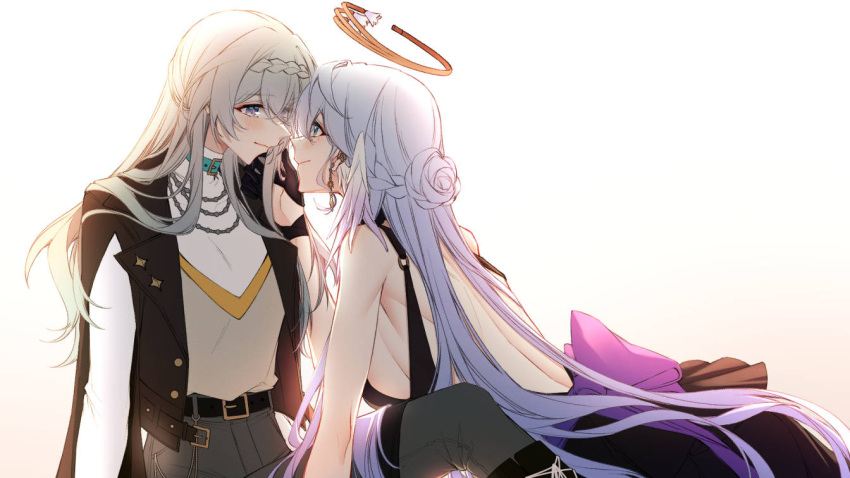 2girls backless_dress backless_outfit bare_shoulders black_dress black_jacket black_pants blue_eyes blush braid breasts closed_mouth crown_braid dress earrings eye_contact firefly_(honkai:_star_rail) grey_hair halo head_wings honkai:_star_rail honkai_(series) jacket jewelry large_breasts long_hair looking_at_another multiple_girls open_clothes open_jacket pants purple_eyes purple_hair robin_(honkai:_star_rail) shirt sideboob sieka_(piiroinardesco) simple_background smile white_background white_shirt wings yuri