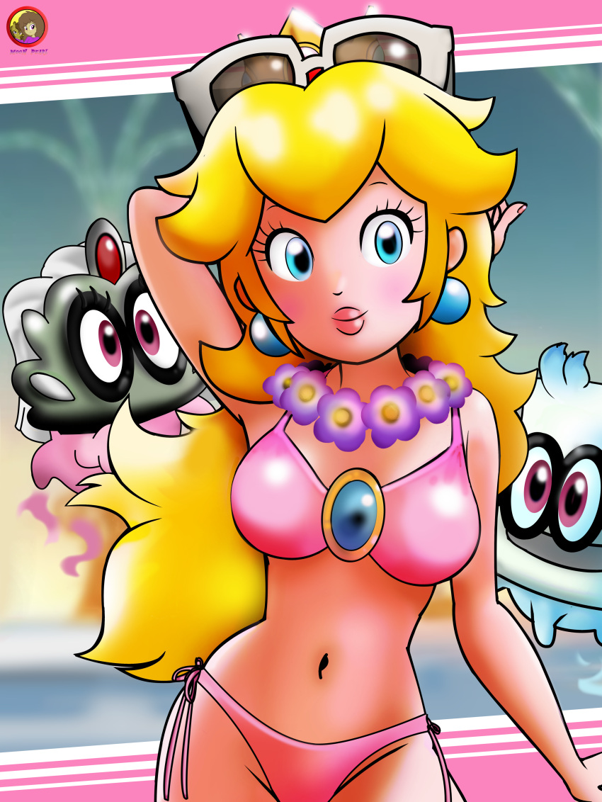 absurd_res beach bikini cappy_(mario) clothing digital_drawing_(artwork) digital_media_(artwork) female ghost group hi_res human looking_at_viewer mammal mario_bros moon_pearl navel nintendo princess_peach signature smile spirit succubi_samus super_mario_odyssey swimwear tiara_(mario) trio two-piece_swimsuit