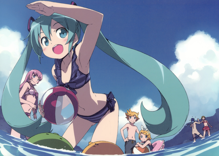 2boys 4girls :d absurdres armpits ball beach beachball bikini bow crease day everyone hair_ribbon hatsune_miku highres innertube kagamine_len kagamine_rin kaito_(vocaloid) kanzaki_hiro long_hair male_swimwear megurine_luka meiko_(vocaloid) multiple_boys multiple_girls navel ocean open_mouth outdoors ribbon scan school_swimsuit smile striped_bikini striped_clothes swim_briefs swim_ring swim_trunks swimsuit tabgraphics twintails vocaloid wading