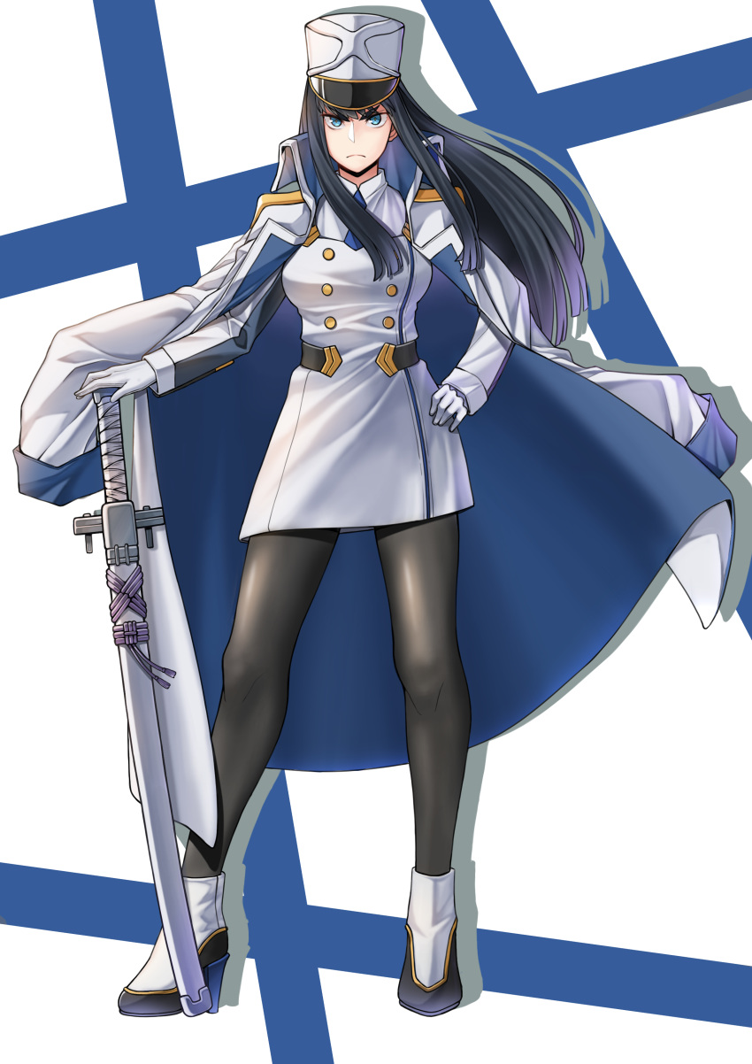 absurdres bakuzan black_hair black_pantyhose blue_eyes commentary company_connection cosplay darling_in_the_franxx female full_body hat highres kill_la_kill kiryuuin_satsuki long_hair looking_at_viewer military military_hat military_uniform nanni_jjang naval_uniform pantyhose photoshop_(medium) shako_cap simple_background skirt solo sword thick_eyebrows trigger_(company) uniform weapon zero_two_(darling_in_the_franxx) zero_two_(darling_in_the_franxx)_(cosplay)