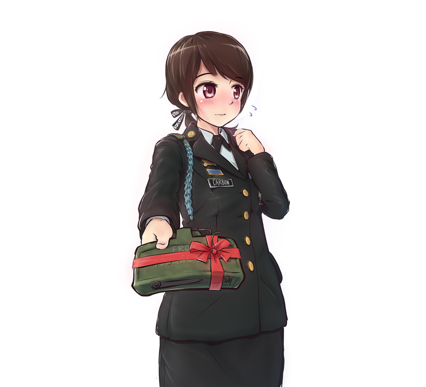 aiguillette averting_eyes bad_id bad_pixiv_id blush brown_hair claymore_(mine) commentary cowboy_shot explosive female flying_sweatdrops gift hair_ribbon highres incoming_gift jacket light_smile long_hair low_ponytail military military_uniform mine_(weapon) name_tag nervous original outstretched_hand photoshop_(medium) ponytail purple_eyes ribbon simple_background skirt soldier solo sweatdrop tanto_(tc1995) uniform united_states_army valentine white_background you're_doing_it_wrong