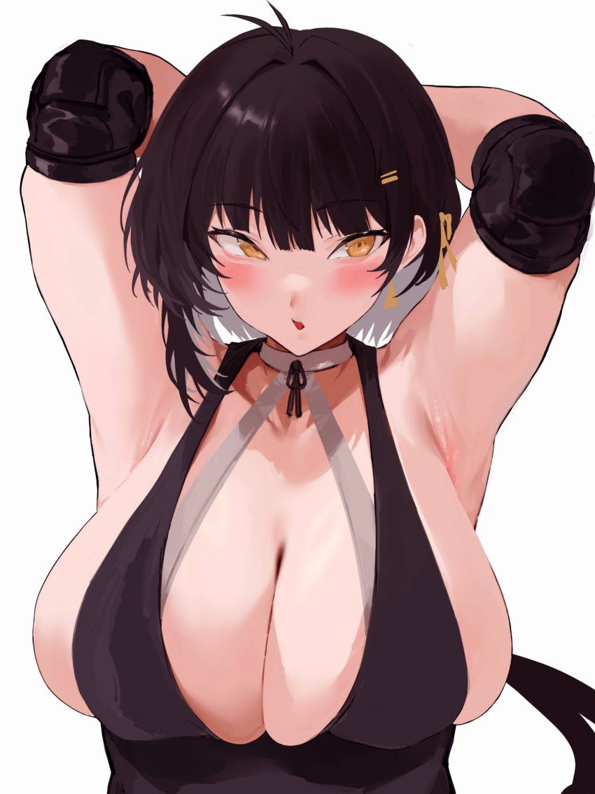 :o ahoge armpits arms_behind_head bare_shoulders black_dress black_hair blush breasts choker cleavage collarbone colored_inner_hair dress earrings elbow_pads female female_rover_(wuthering_waves) grey_hair hair_between_eyes hair_ornament hairclip highres jewelry large_breasts long_hair looking_at_viewer low_ponytail multicolored_hair rover_(wuthering_waves) rowkiba sideboob simple_background skindentation sleeveless solo triangle_earrings two-tone_hair upper_body white_background white_choker wuthering_waves yellow_eyes