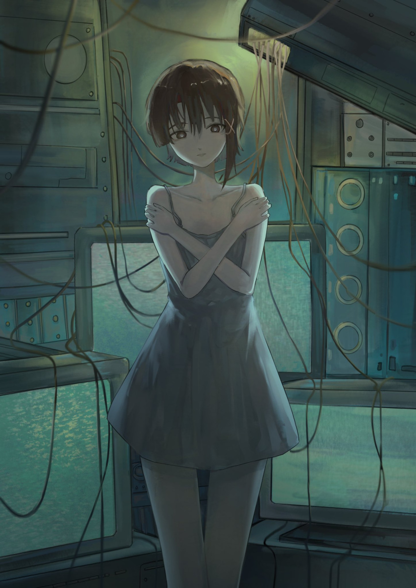 bare_shoulders brown_eyes brown_hair cable collarbone commentary crossed_arms crt dress female hair_ornament highres ibulyn indoors iwakura_lain looking_at_viewer serial_experiments_lain short_dress single_sidelock sleeveless sleeveless_dress solo spaghetti_strap standing x_hair_ornament