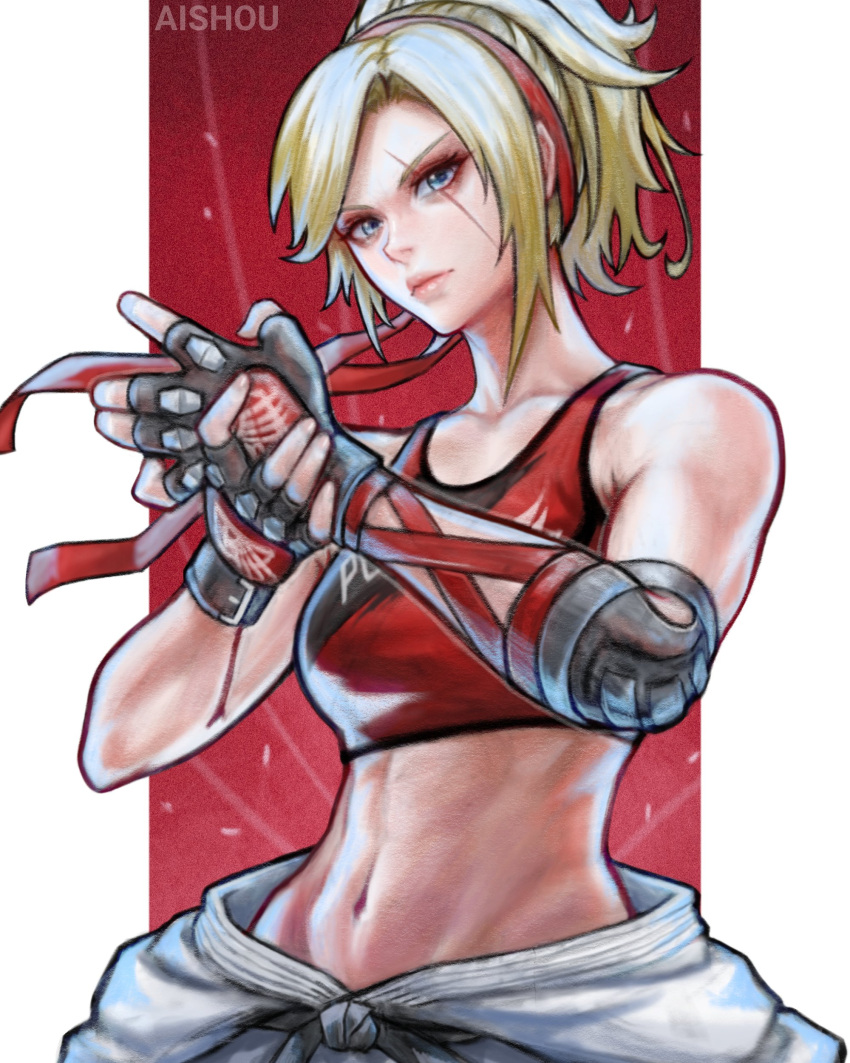 absurdres ai_shou artist_name bare_shoulders black_gloves blonde_hair blue_eyes collarbone female fingerless_gloves gloves high_ponytail highres lidia_sobieska long_hair navel red_tank_top scar scar_across_eye solo tank_top tekken tekken_8