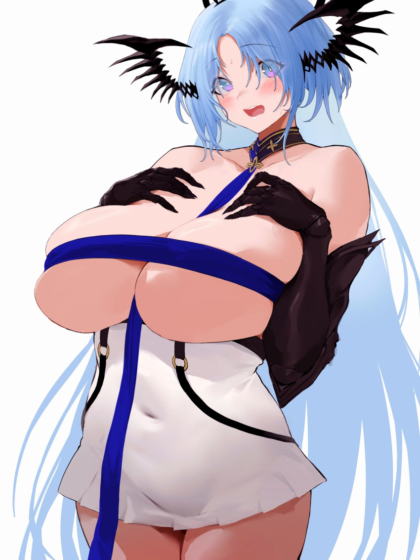 alsace_(azur_lane) azur_lane bare_shoulders between_breasts black_gauntlets black_tiara blue_eyes blue_hair blue_ribbon blush breast_ribbon breast_strap breasts collarbone covered_navel detached_collar dress female hair_ornament hands_on_own_chest highres huge_breasts long_hair looking_at_viewer no_mask open_mouth parted_bangs ribbon ribbon_between_breasts rowkiba skindentation solo strap_between_breasts sweatdrop teeth thighs tiara upper_teeth_only very_long_hair white_dress