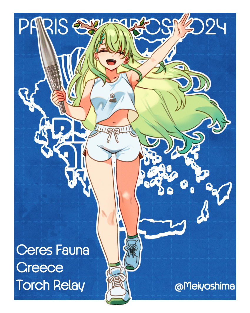 2024 2024_summer_olympics absurdres alternate_costume antlers arm_up border braid braided_bun branch breasts ceres_fauna character_name closed_eyes cross-laced_footwear english_commentary female floating_hair greece green_hair hair_between_eyes hair_bun highres holding holding_torch hololive hololive_english horns leaf long_hair medium_breasts meiyoshima mole mole_under_eye navel olympic_torch olympics open_mouth outside_border running shirt shoes shorts sleeveless sleeveless_shirt smile sneakers socks solo teeth tongue torch twitter_username upper_teeth_only very_long_hair virtual_youtuber white_border white_footwear white_shirt white_shorts white_socks