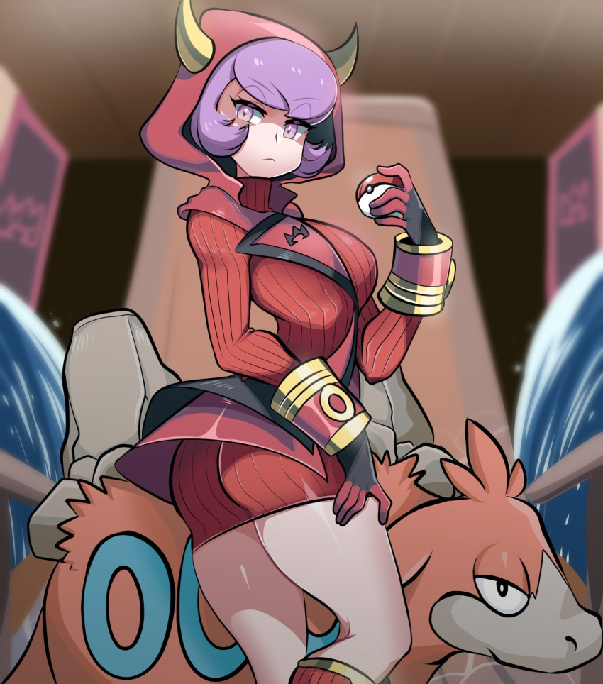 ass boots breasts camel camerupt courtney_(pokemon) cowlick dress female highres hood hooded_vest hoodie horned_hood horns knee_boots long_sleeves medium_breasts missandydandy pokemon pokemon_(creature) pokemon_oras purple_eyes purple_hair red_dress red_hood ribbed_dress ribbed_sweater short_dress short_hair sweater vest