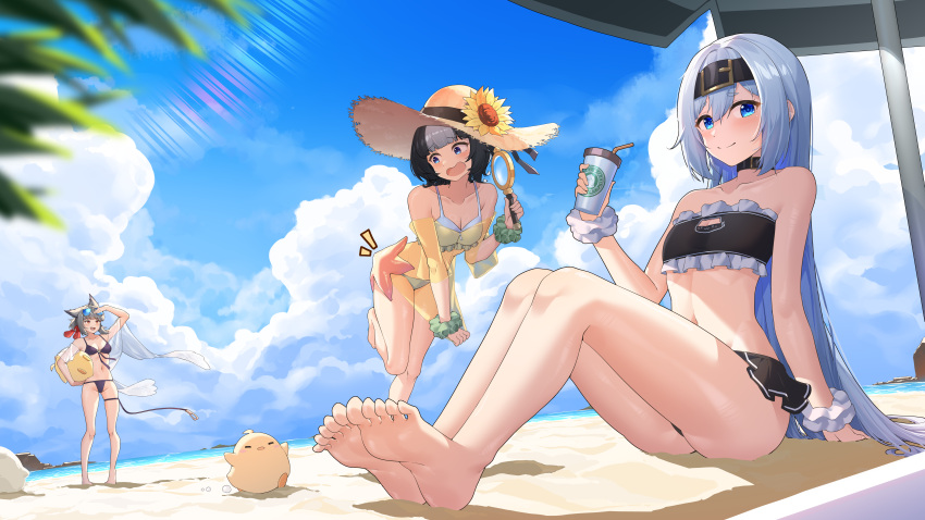 3girls absurdres azur_lane bare_shoulders barefoot beach bikini black_bikini black_choker black_hair blue_eyes blue_hair blue_sky bon_homme_richard_(azur_lane) choker cloud cloudy_sky collarbone cup drinking_straw eskimo_(azur_lane) eskimo_(parkaless_prankster)_(azur_lane) flower frilled_bikini frills full_body hat hat_flower highres holding holding_cup jfzm001 manjuu_(azur_lane) multicolored_hair multiple_girls notice_lines official_alternate_costume outdoors sand sitting sky standing starfish straw_hat streaked_hair sun_hat sunflower suzutsuki_(azur_lane) suzutsuki_(beachside_attendant!)_(azur_lane) swimsuit toes white_bikini white_hair