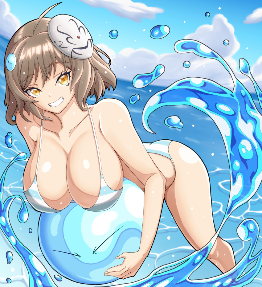 1other absurdres ahoge anis_(nikke) ass bare_shoulders bikini bob_cut breasts brown_hair cleavage cloud collarbone crossover female goddess_of_victory:_nikke grin highres holding huge_breasts looking_at_viewer mask mask_on_head medium_hair ocean oni_bikari orange_eyes rimuru_tempest sky smile splashing standing striped_bikini striped_clothes swimsuit teeth tensei_shitara_slime_datta_ken underwear voice_actor_connection water