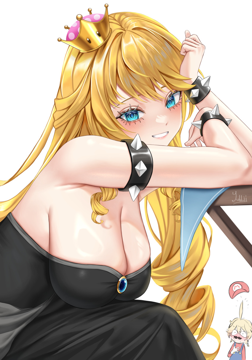 1boy absurdres aether_(genshin_impact) ahoge armlet bare_arms bare_shoulders black_dress blonde_hair blue_eyes blush bowsette bowsette_(cosplay) bracelet breasts cleavage commentary cosplay crown dress drill_hair facial_hair female genshin_impact grin hat highres jewelry large_breasts long_hair looking_at_viewer mario mario_(cosplay) mario_(series) mini_crown moustache navia_(genshin_impact) nose_blush overalls red_hat red_shirt shirt simple_background smile spiked_armlet spiked_bracelet spikes strapless strapless_dress super_crown very_long_hair white_background yubbiidraw