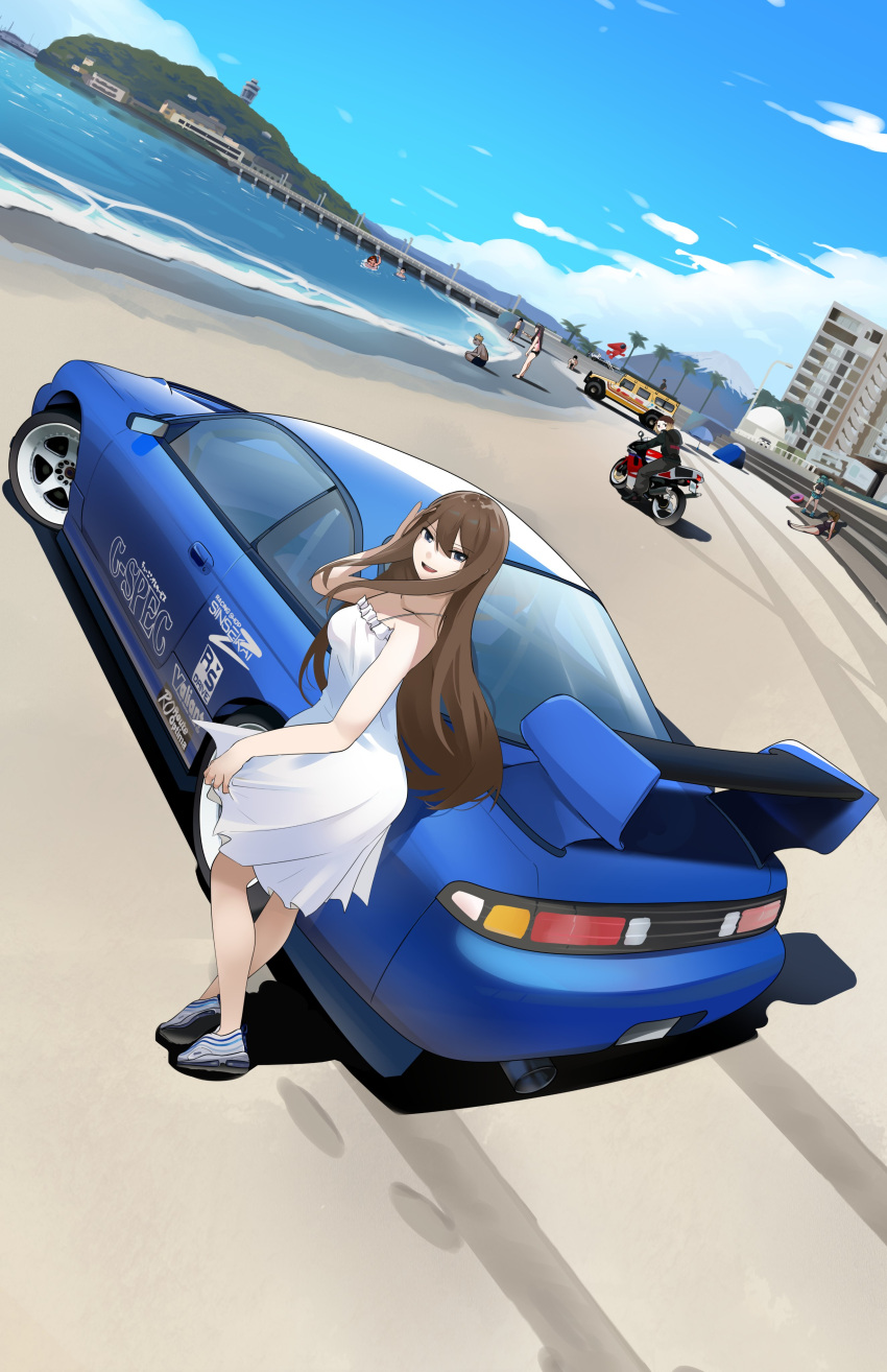 4boys 6+girls absurdres air_max air_max_97 asahan_arcila_(toonzoku) asamiya_mariko_(holeecrab) barber_girl_(holeecrab) beach black_bodysuit black_hair blonde_hair blue_car blue_eyes blue_hair bodysuit borrowed_character brown_hair car cloud dress footprints hair_between_eyes highres holeecrab lamppost long_hair looking_at_viewer motor_vehicle motorcycle mount_fuji multicolored_hair multiple_boys multiple_girls nike_(company) nissan nissan_s14_silvia nissan_silvia ocean original palm_tree purple_hair raelyn_cunningham_(arhentol) shadow shizuku_inoue_(haow) short_hair sitting sky smile spoiler_(automobile) sports_car sports_utility_vehicle streaked_hair tree twintails very_long_hair white_dress yamaha