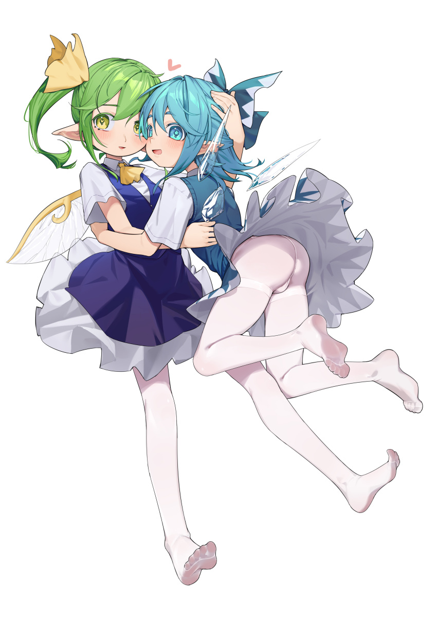 2girls absurdres ass blue_eyes blue_hair blush cirno daiyousei dress fairy_wings feet full_body green_eyes green_hair highres hug ice ice_wings multiple_girls no_shoes open_mouth pantyhose pointy_ears short_hair side_ponytail simple_background smile soles toes touhou white_background white_pantyhose wings yazato_ichimushi