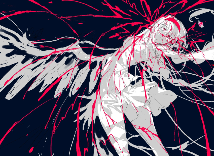 akemi_homura akuma_homura argyle_clothes argyle_thighhighs black_background blood blood_spray braid collared_shirt cowboy_shot eyepatch feathered_wings female greyscale hairband hetangsuanhuituoshui juliet_sleeves long_hair long_sleeves low_twin_braids lying mahou_shoujo_madoka_magica mahou_shoujo_madoka_magica:_hangyaku_no_monogatari miniskirt mitakihara_school_uniform monochrome on_side parted_lips pleated_skirt puffy_sleeves red_hairband red_pupils school_uniform shirt skirt solo soul_gem spot_color spread_wings thighhighs twin_braids very_long_hair wide-eyed wings