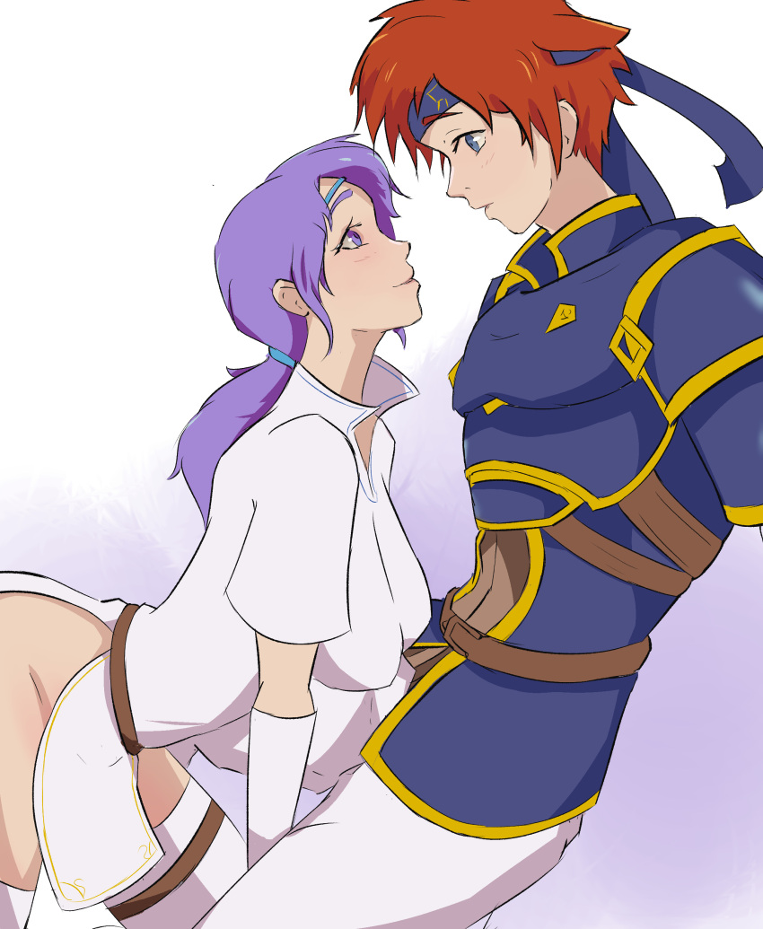 1boy 1girls assertive assertive_female bare_thighs bent_over blue_eyes boots breasts elbow_gloves female fire_emblem fire_emblem:_the_binding_blade gloves headband in2naps juno_(fire_emblem) male medium_breasts nintendo no_panties pelvic_curtain ponytail purple_eyes purple_hair red_hair roy_(fire_emblem) short_hair thigh_boots thighs