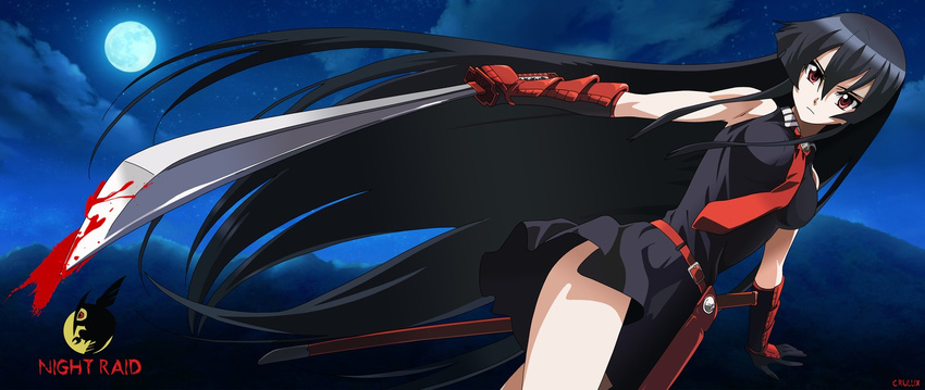 akame akame_ga_kill! bare_shoulders black_hair blood breasts dress female long_hair nikkunemu red_eyes skirt solo standing sword very_long_hair