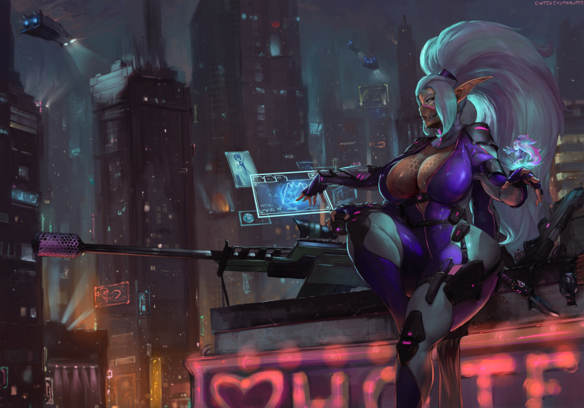 aircraft aqua_eyes aqua_hair arm_guards armor assault_rifle augmented_reality big_hair billboard bodysuit breasts building center_opening city city_lights cityscape cleavage commission curvy cutesexyrobutts cyberpunk extra_arms fantasy feet_out_of_frame female fingerless_gloves flying_car forehead gloves gun hands_up heads-up_display high_ponytail hologram holographic_interface holographic_monitor holographic_touchscreen huge_breasts image_sample knee_pads knee_up knife knife_sheath lights long_hair looking_afar mask microphone mouth_mask narrow_waist neon_lights neon_trim night night_sky ninja_mask open_bodysuit open_clothes original outdoors pointy_ears purple_bodysuit rifle science_fiction sheath shoulder_pads sidelocks sitting sky skyscraper sniper_rifle solo_focus spacecraft strap tan thick_thighs thighs tumblr_sample very_long_hair weapon wide_hips widow's_peak