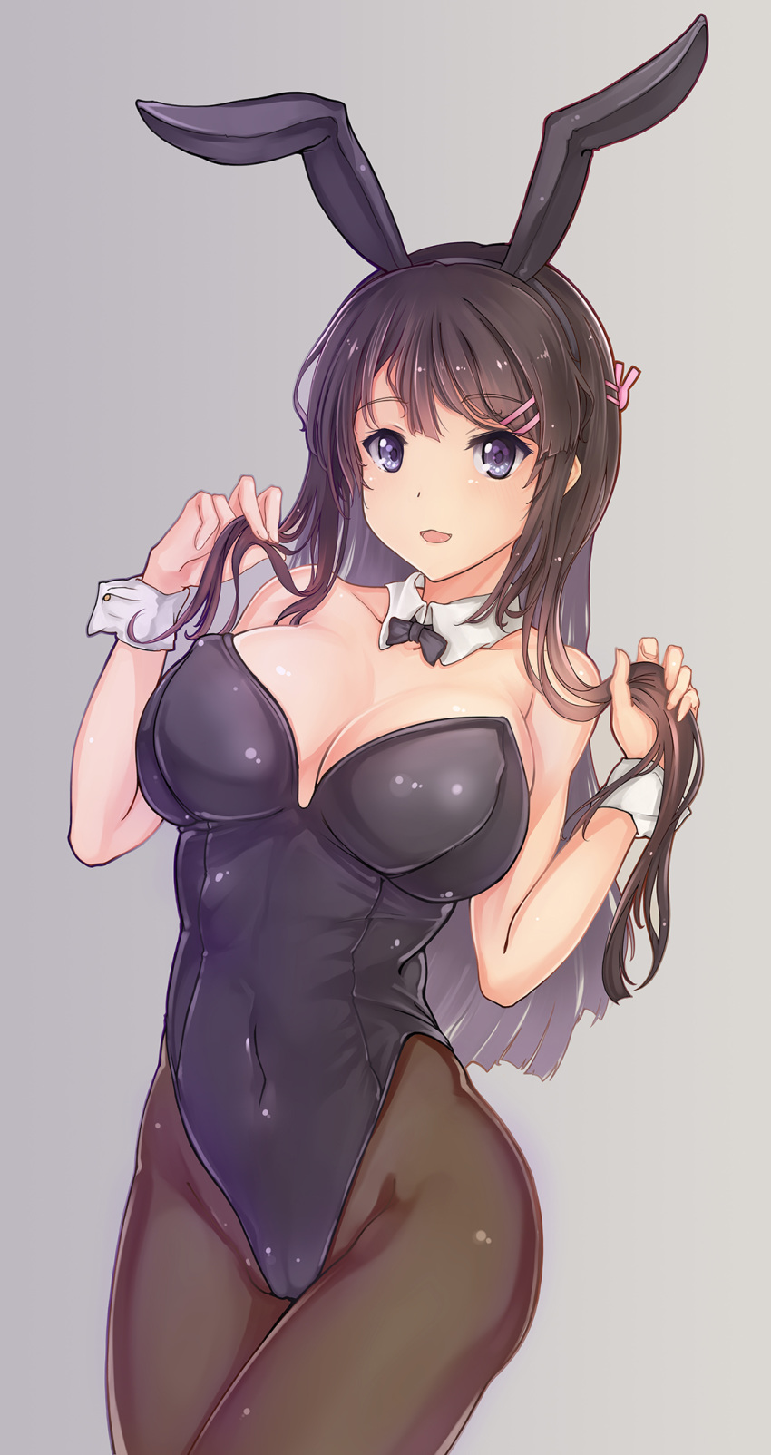 :3 animal_ears bad_id bad_pixiv_id black_hair black_leotard black_pantyhose bow bowtie breasts chinese_commentary commentary_request covered_navel cowboy_shot detached_collar fake_animal_ears female grey_background hair_ornament hairclip highleg highleg_leotard highres large_breasts leotard long_hair looking_at_viewer md5_mismatch pantyhose parted_lips photoshop_(medium) playboy_bunny purple_eyes rabbit_ears rhineheim sakurajima_mai seishun_buta_yarou simple_background solo standing strapless strapless_leotard wrist_cuffs