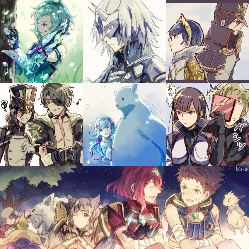 6+boys 6+girls anger_vein animal animal_ears armor azurda_(xenoblade) bad_id bad_link bad_twitter_id bear blue_eyes blue_hair blunt_bangs bodysuit cat_ears cousins dromarch_(xenoblade) eighth_note facial_mark floren_(xenoblade) gloves hat highres jin_(xenoblade) kro long_hair mask mikhail_(xenoblade) military military_hat military_uniform morag_ladair_(xenoblade) multiple_boys multiple_girls musical_note nia_(xenoblade) niall_ardanach nopon open_mouth otoko_no_ko patroka_(xenoblade) pauldrons poppi_(xenoblade) poppi_alpha_(xenoblade) pyra_(xenoblade) rabbit_ears reverse_trap rex_(xenoblade) ribbon short_hair shoulder_armor smile snow squiggle straight tiger tora_(xenoblade_2) uniform ursula_(xenoblade) white_hair xenoblade_chronicles_(series) xenoblade_chronicles_2 yellow_bodysuit yellow_eyes zeke_von_genbu_(xenoblade)