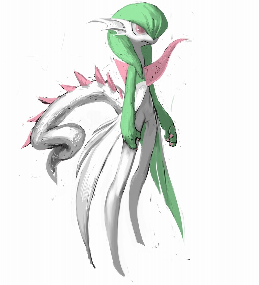 ambiguous_gender clothing dragon dress gardevoir generation_3_pokemon green_hair hair hi_res hybrid mammal mythological_creature mythological_scalie mythology nintendo perokisu pokemon pokemon_(species) red_eyes scalie simple_background solo standing tail